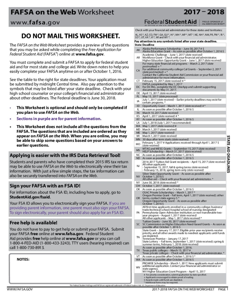 FAFSA Worksheet CS Alliance